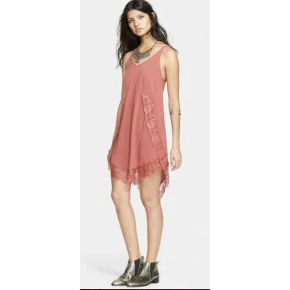 Free People Intimately Eyelashes Lace Mini‎ Slip Dress S Red Coral Boho Festival